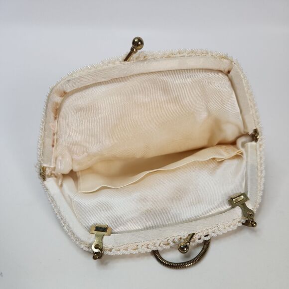 Vtg Handmade White Pearl Bead Sequin Clutch Evening Bag Gold Chain Clasp - Picture 4 of 16